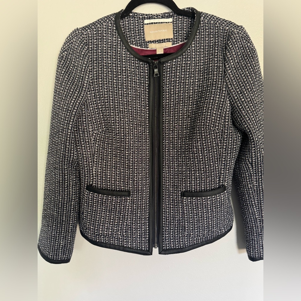 Banana Republic Tweed Woven Wool Blend Black White‎ Zip Jacket Blazer Size 8